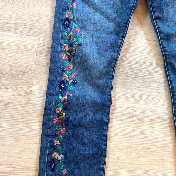 Pilcro & the Letterpress Slim Straight 32 jeans Sequins Embroidery Boho Distress - Picture 3 of 13